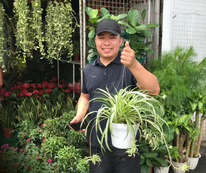Ka Urban holding a spider plant at an Urban Goes Green garden center