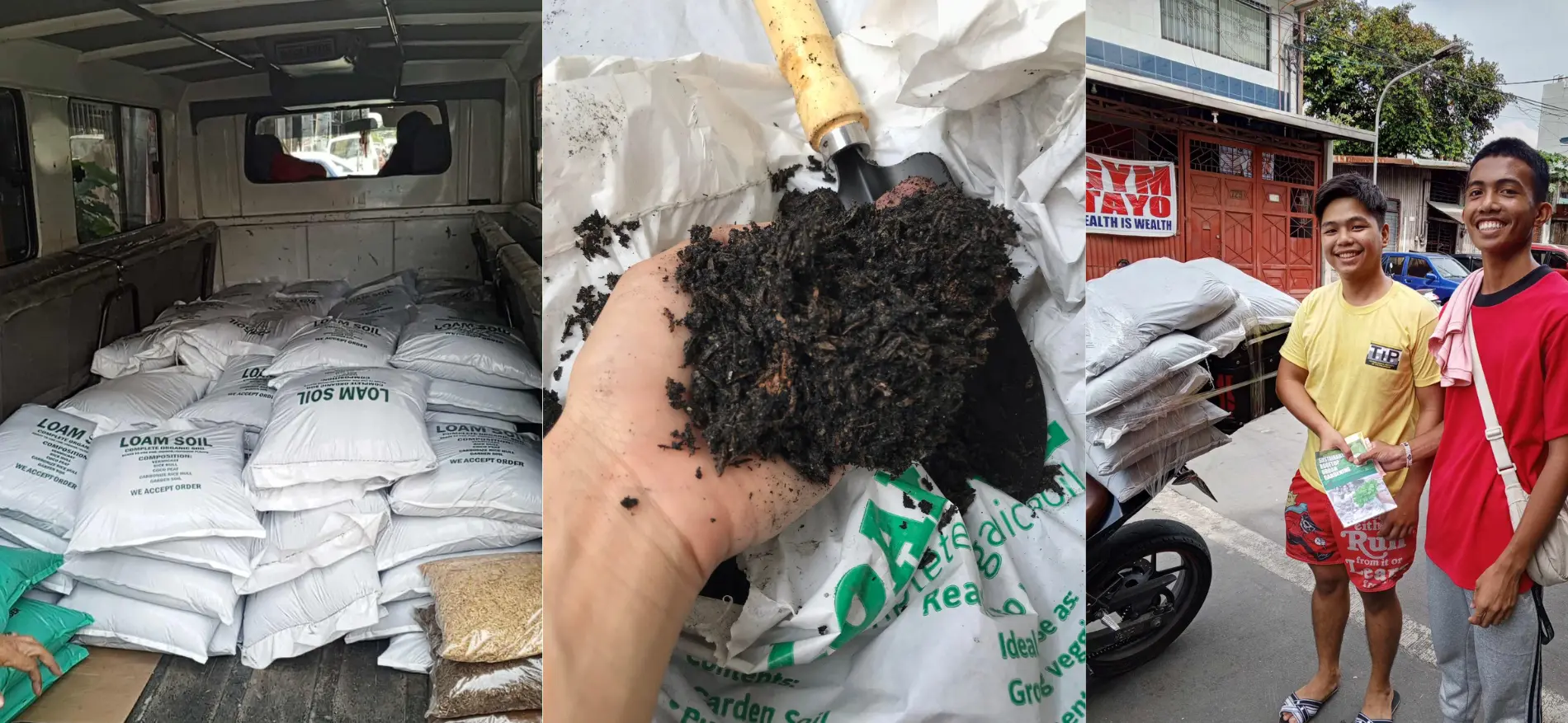 Loam soil sacks loaded for delivery outside the Urban Goes Green branch on Cristobal St, Sampaloc, Manila