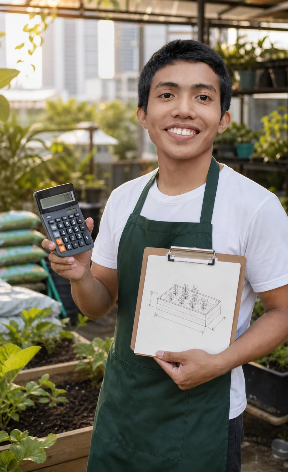 Urban gardener holding a calculator and a garden bed measurement plan